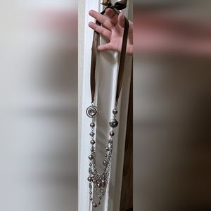 Multi-layered Long Bronze/Brown Drop Necklace with Silver & Bronze Beading